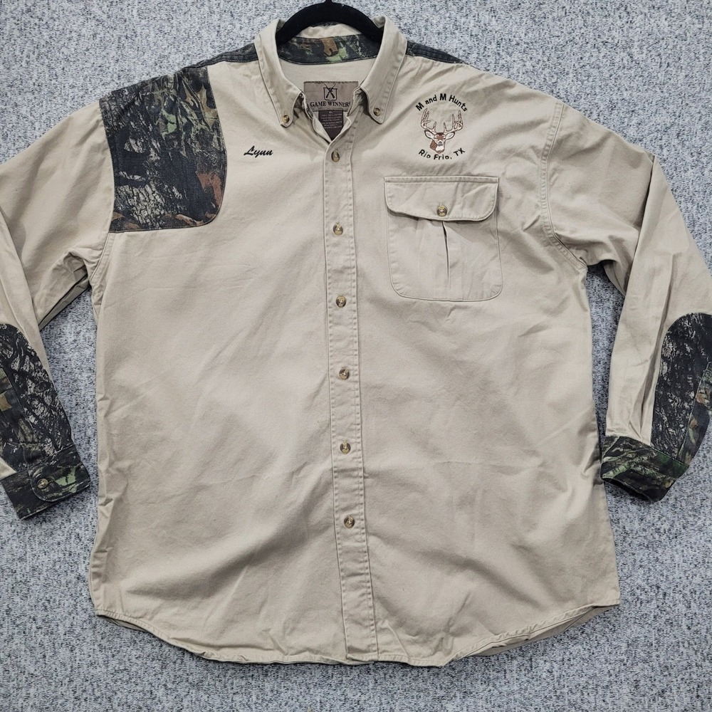 Game Winner Mens XL Tan Camo Shooting Hunting Shirt M and M Hunts Rio Frio TX